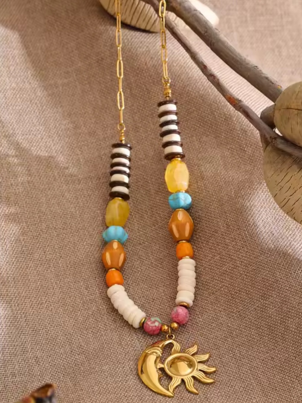 Celestial Sun Moon Gold Beaded Necklace - Picture 16 of 17